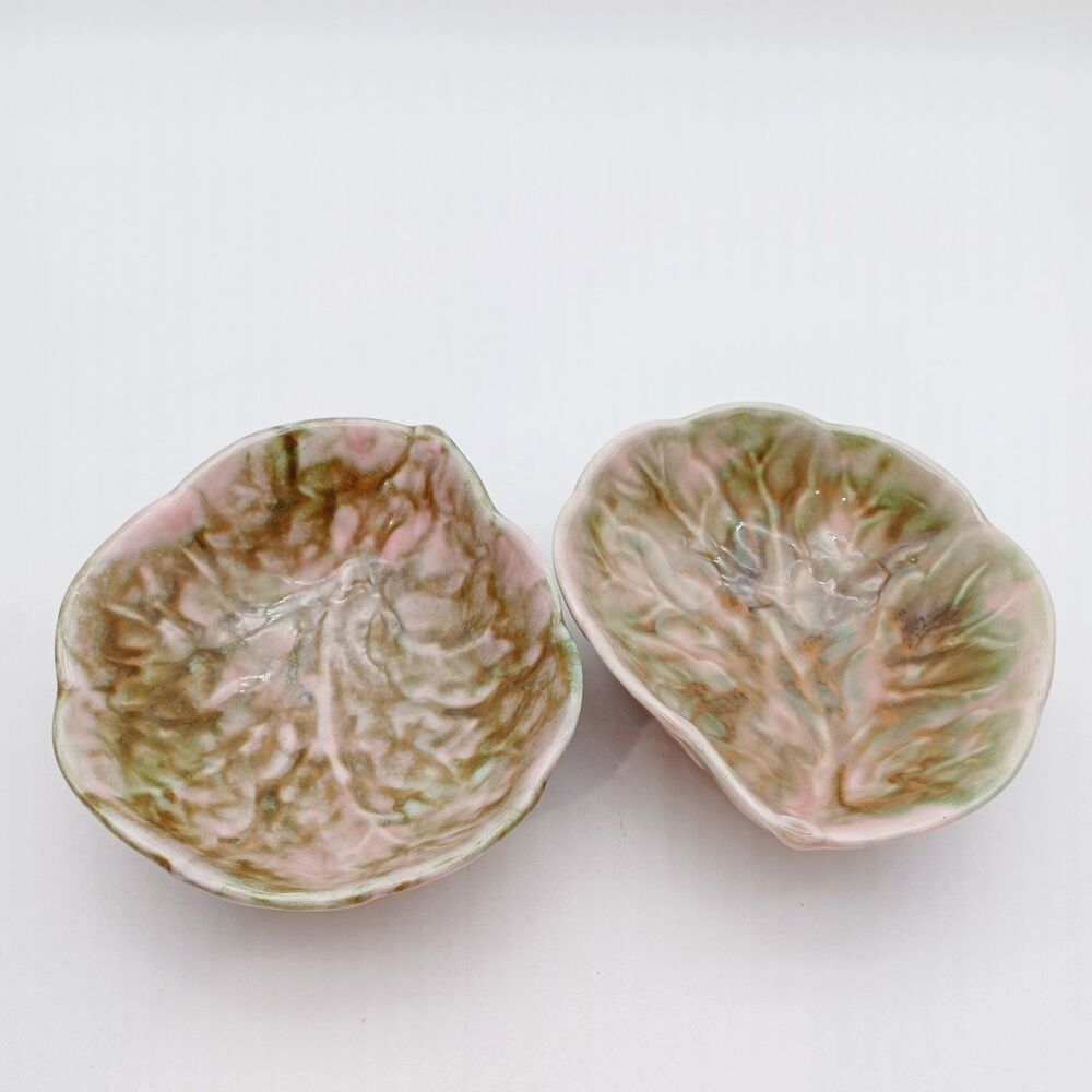Matching Pair Antique Weller Pottery Zona Leaf Bowls Pink Green Glaze 1920s...